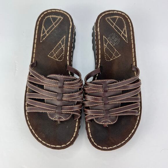 EUC VTG Y2K Route 66 brown Vegan Leather chunky Slip On Thong sandals 8 - Picture 1 of 11